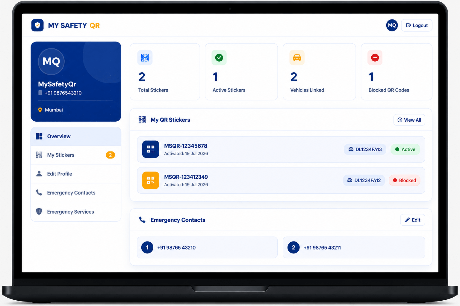 MySafetyQR user dashboard